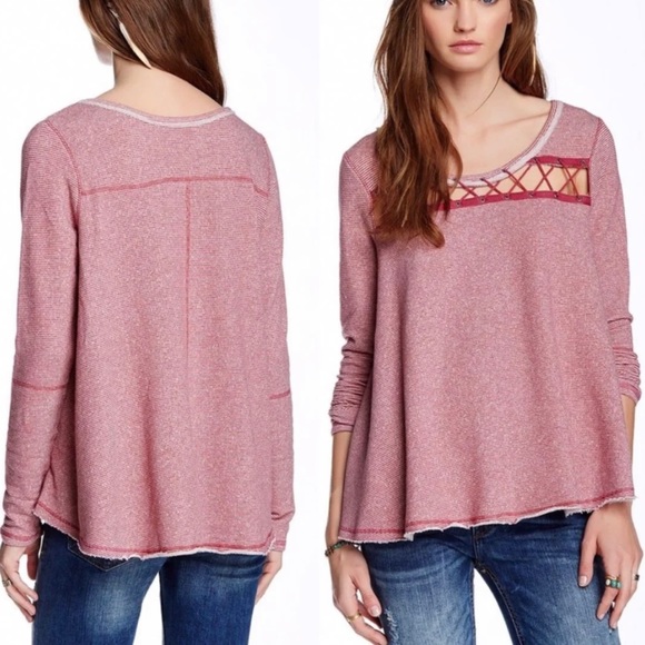 Free People Criss Cross Magenta Pink Striped Pullover Long Sleeve Sweatshirt Top - Picture 5 of 10
